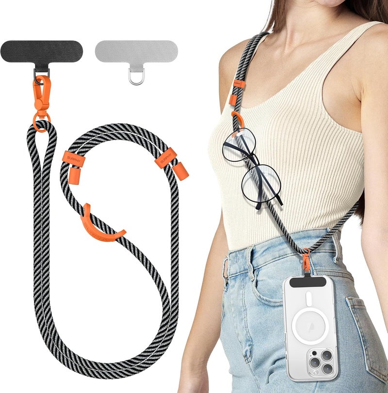 SURPHY Phone Lanyard, Adjustable Phone Strap Crossbody with 2 Pack Cell Phone Tether Tab, Premium Metal Buckles and Two-Color Braided Cell Phone Lanyard Crossbody for Women and Men, Black & Grey - Image 1